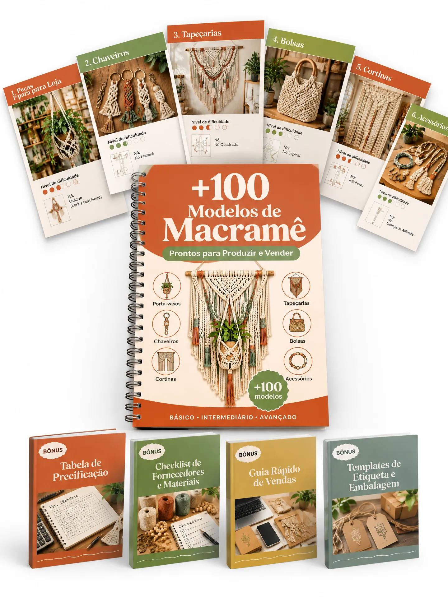 Mockup completo do catálogo digital de macramê com páginas de amostra e bônus exclusivos