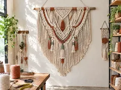 Tapeçaria de macramê em ambiente de loja artesanal